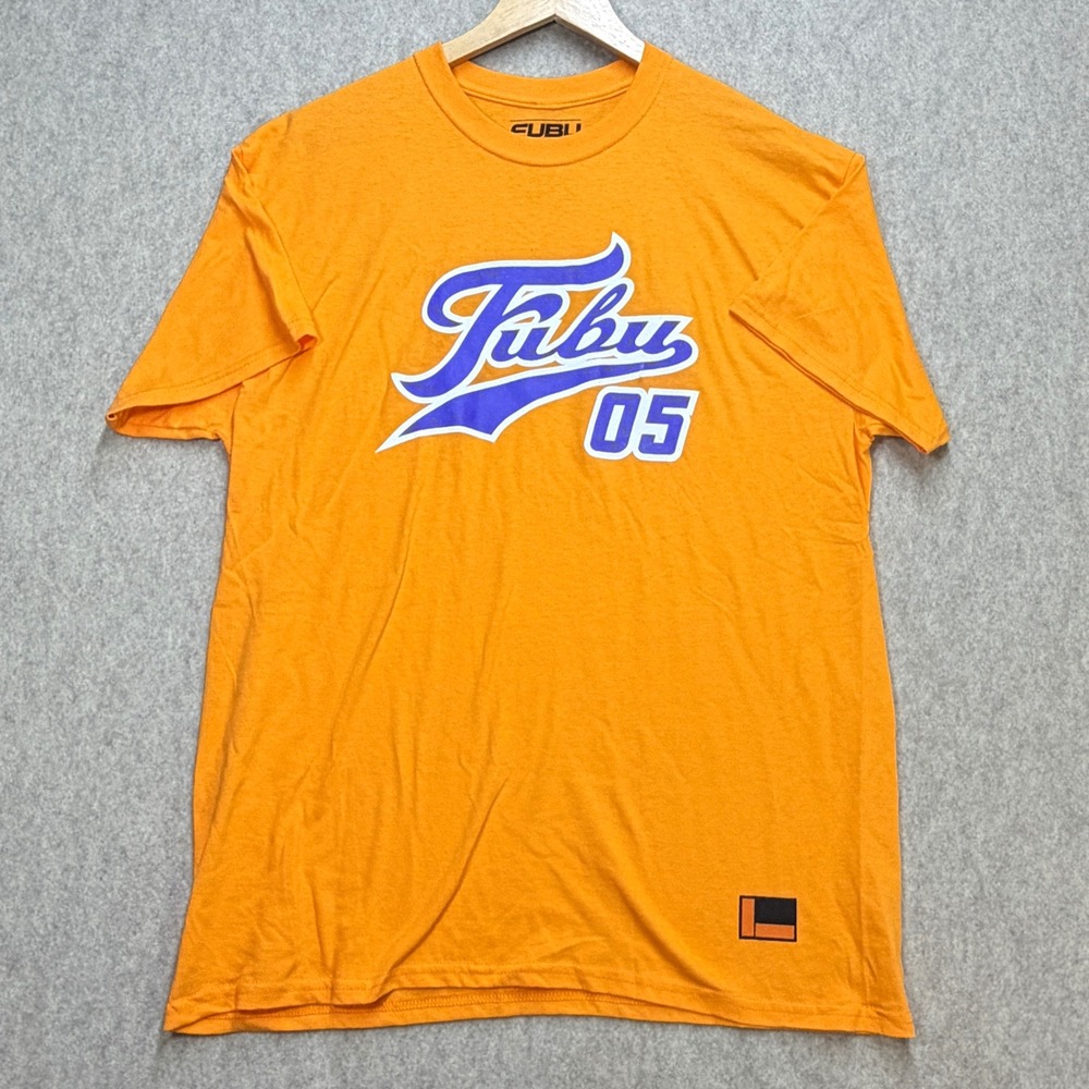 FUBU Y2K Streetwear Mens Medium Yellow Graphic T-Shirt Casual Sportswear